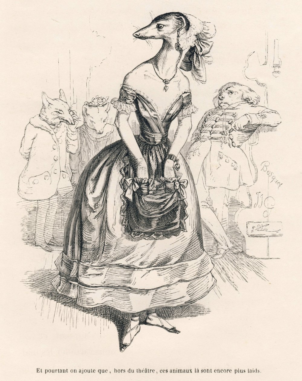 ... hors du théâtre, ces animaux-là sont encore plus laids. Vignettes illustrées par JJ Granville. Gravure signée Godard dans "Le premier feuilleton de Pistolet" écrit par Jules Janin dans "Scènes de la vie privée et publique des animaux" - Grandville