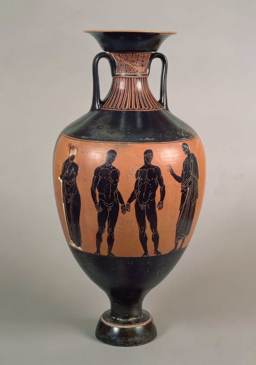 Amphore panathénaïque à figures noires, représentant deux boxeurs, un entraîneur et Olympias, Attique, grec, vers 340-339 av. J.-C. - Greek