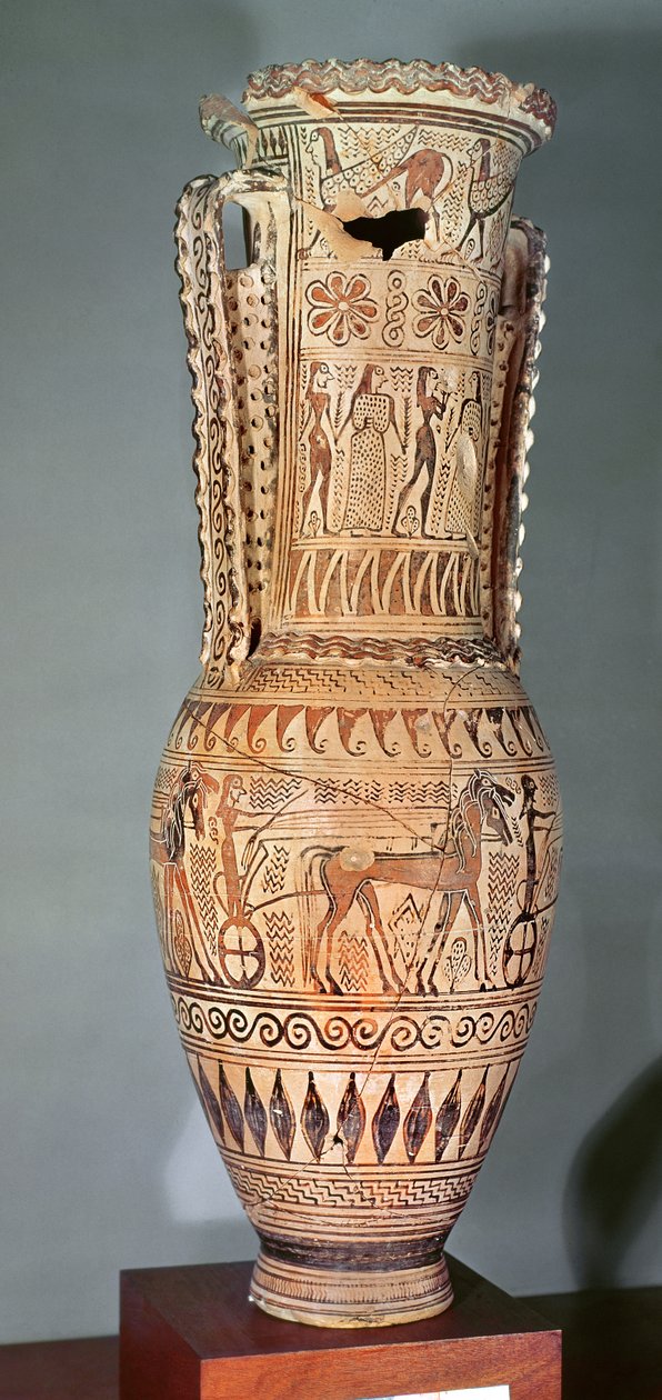 Loutrophore représentant un sphinx, diverses figures et un défilé de chars, Proto-Attique, c.690 av. J.-C. - Greek