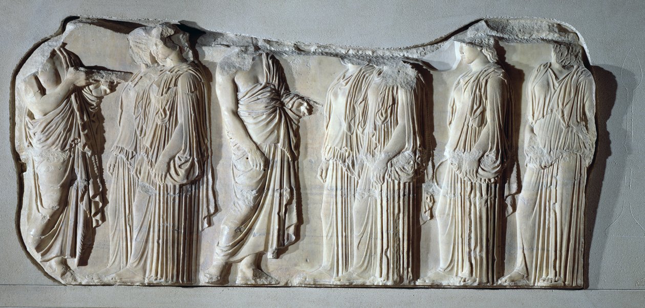 Organisateurs et ergastines (porteuses de péplos), section de la grande procession panathénaïque de la frise est du Parthénon, c.442-438 av. J.-C. - Greek