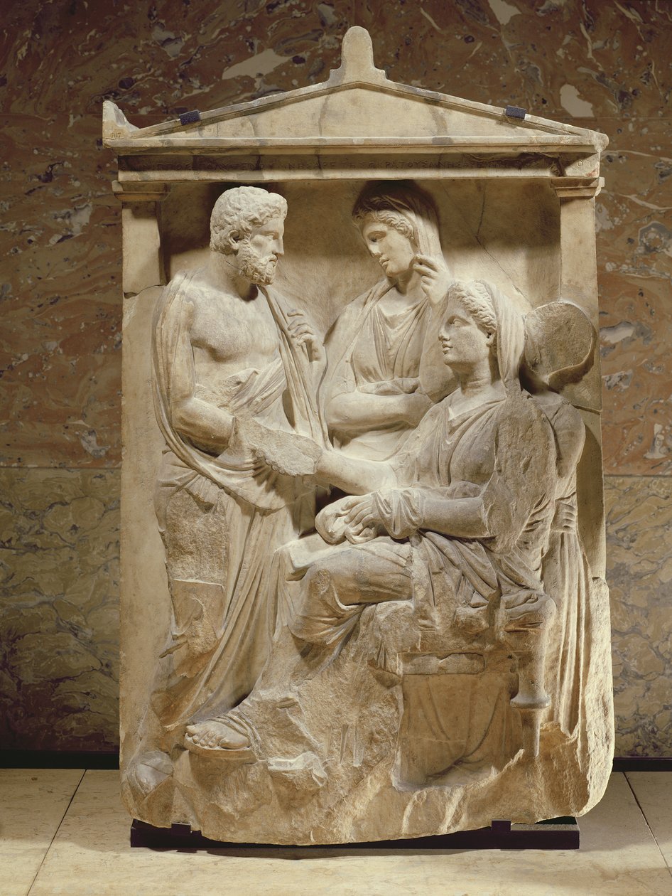 Stèle funéraire de Phainippos et Mnesarete montrant une réunion de famille et une poignée de main, période attique, vers 350 av. J.-C. (marbre) - Greek