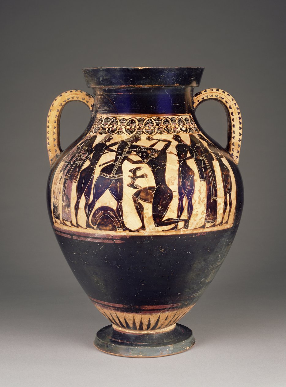 Amphore attique à figures noires attribuée à Lydos avec Thésée tuant le Minotaure, 550-40 av. J.-C. - Greek