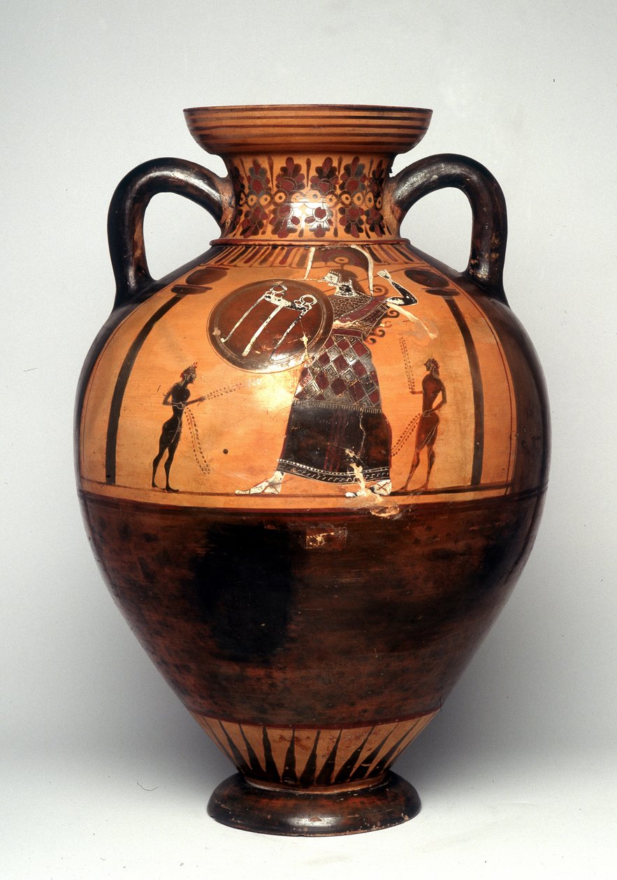 Vase à figures noires représentant Athéna brandissant un bouclier et une lance, 550 av. J.-C. (céramique) - Greek