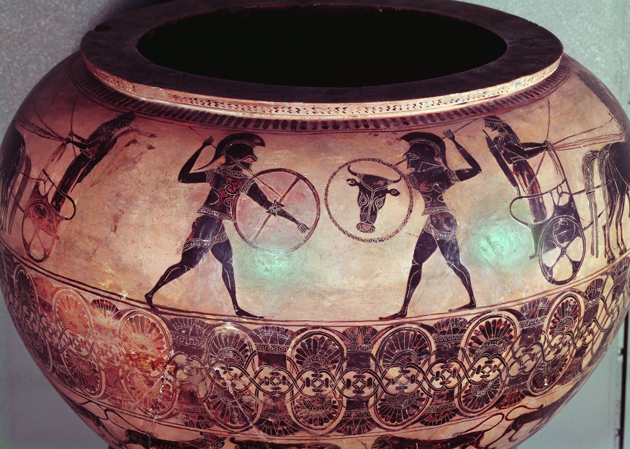 Dinos représentant Persée et les Gorgones, détail montrant des hoplites combattant entre leurs chars, c.580 av. J.-C. (détail) - Greek