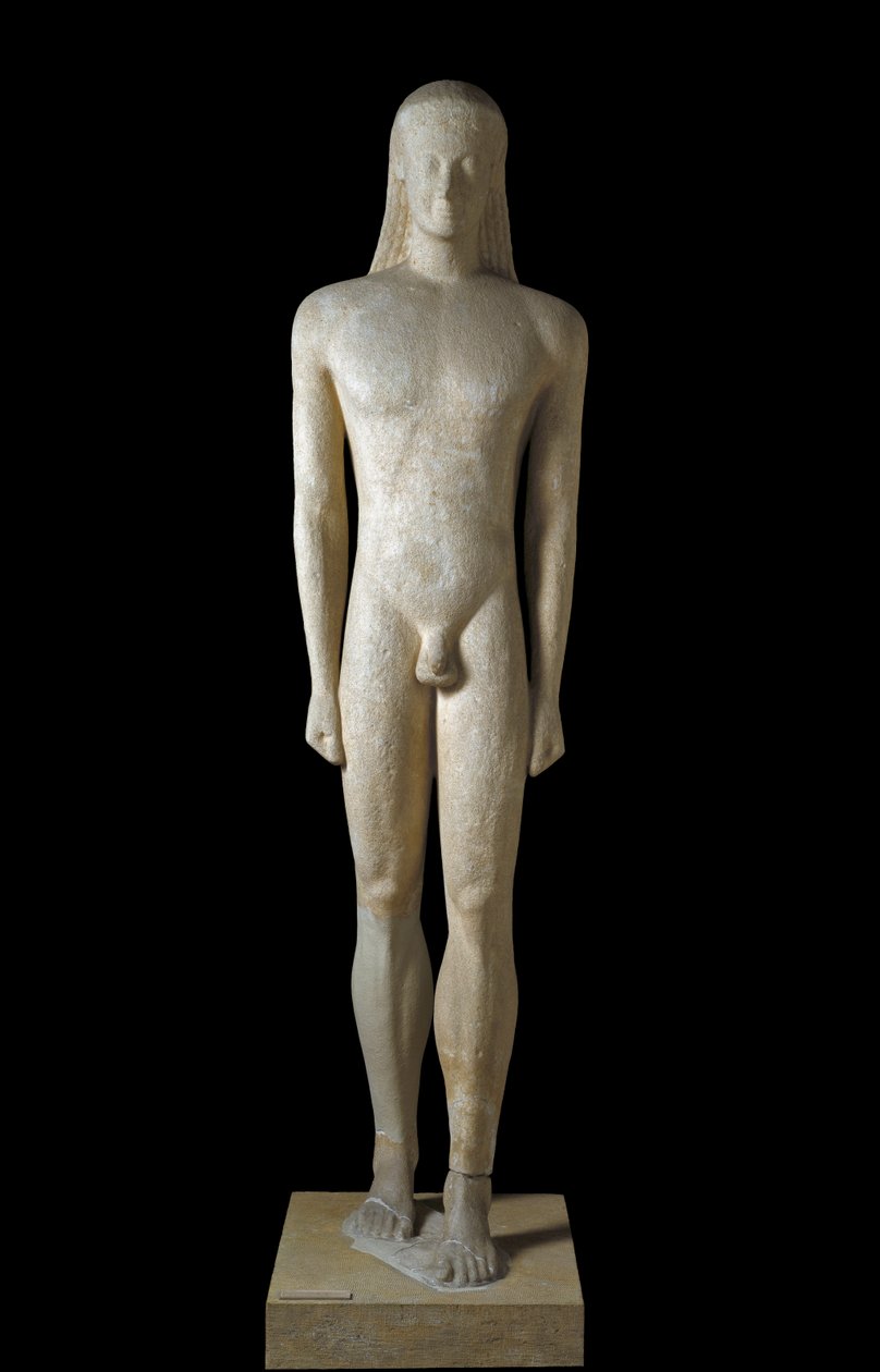Art grec : statue de Kouros, sculpture de jeune homme de la période archaïque (650-500 av. J.-C.), 530-520 av. J.-C., de Melos, Dim. 1,94 m - Athènes, Musée national d