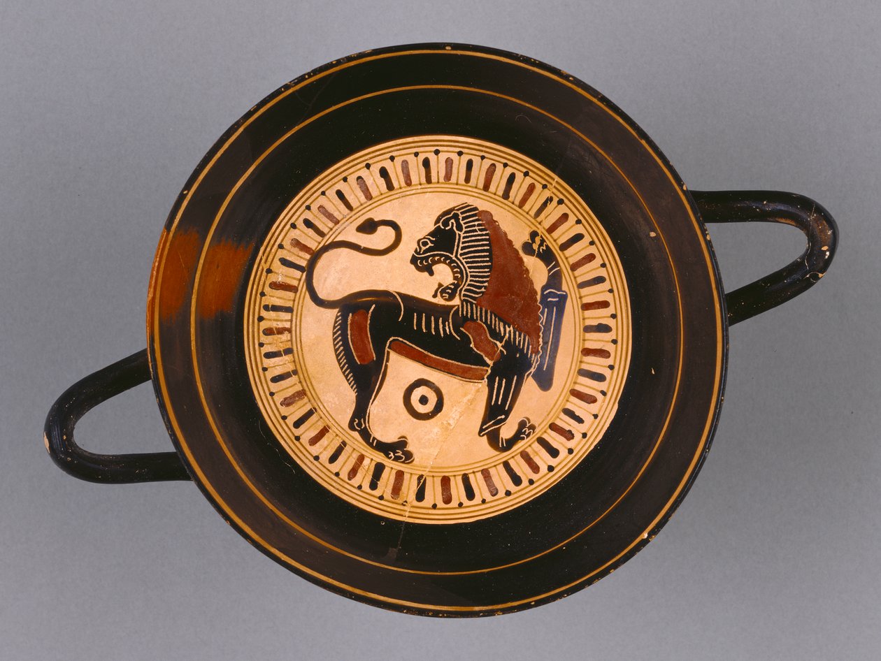 Kylix laconien à figures noires attribué au peintre Hunt, c.540 av. J.-C. - Greek