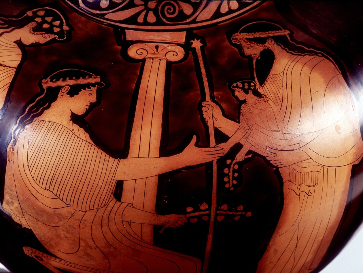 Peinture sur vase : Jupiter (Zeus) présente le jeune Dionysos (Bacchus) à deux femmes. 480 av. J.-C. BNF, Cabinet des Médailles. - Greek