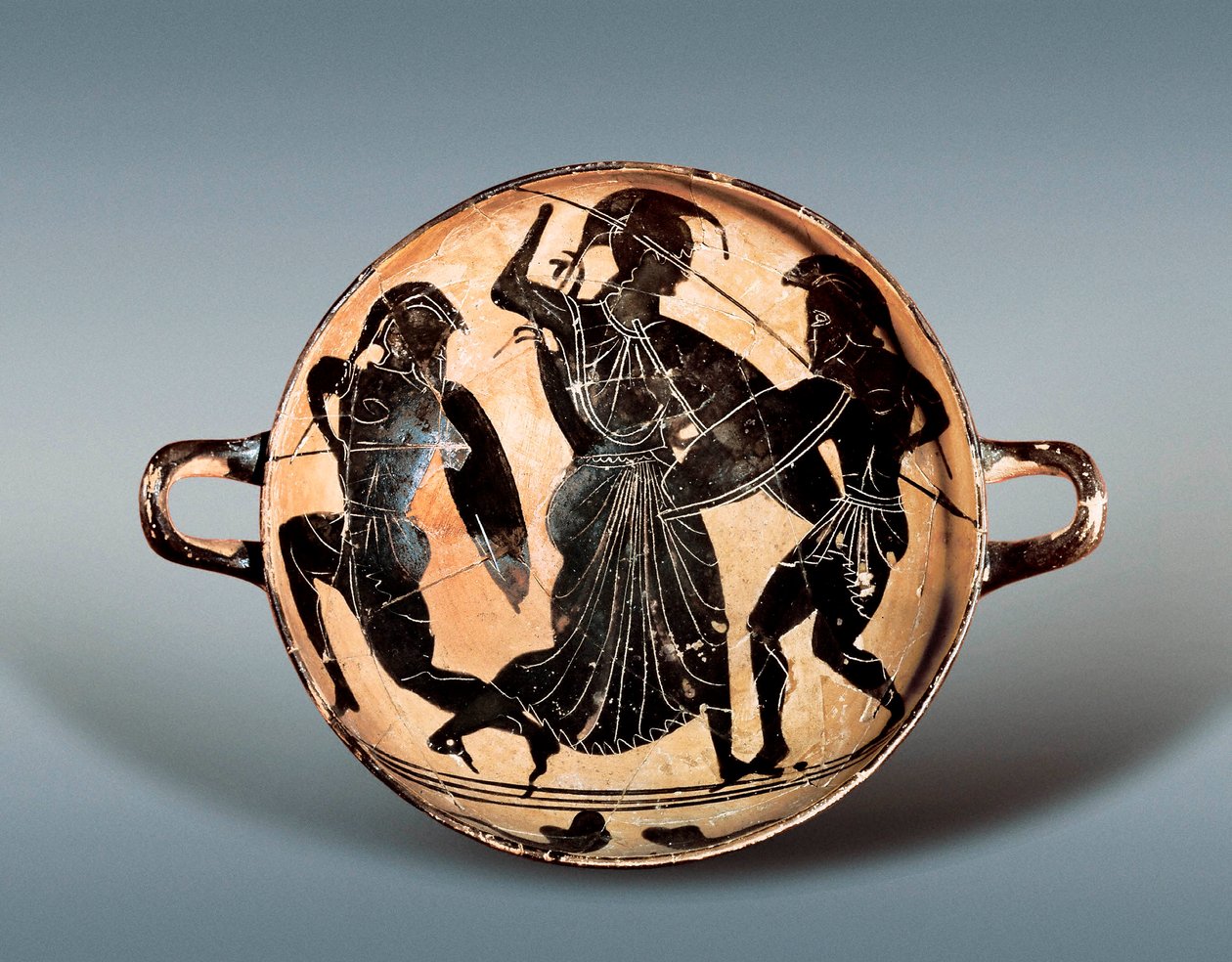 Guerre de Troie : Déesse Athéna luttant entre Hector et Achille. 6ème siècle av. J.-C. Kylix (coupe à boire) avec figures noires en céramique, Musée archéologique de Catalogne, Barcelone. - Greek