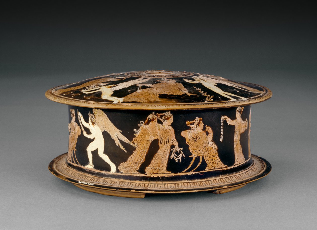 Pyxis à figures rouges attiques décorée de femmes et d