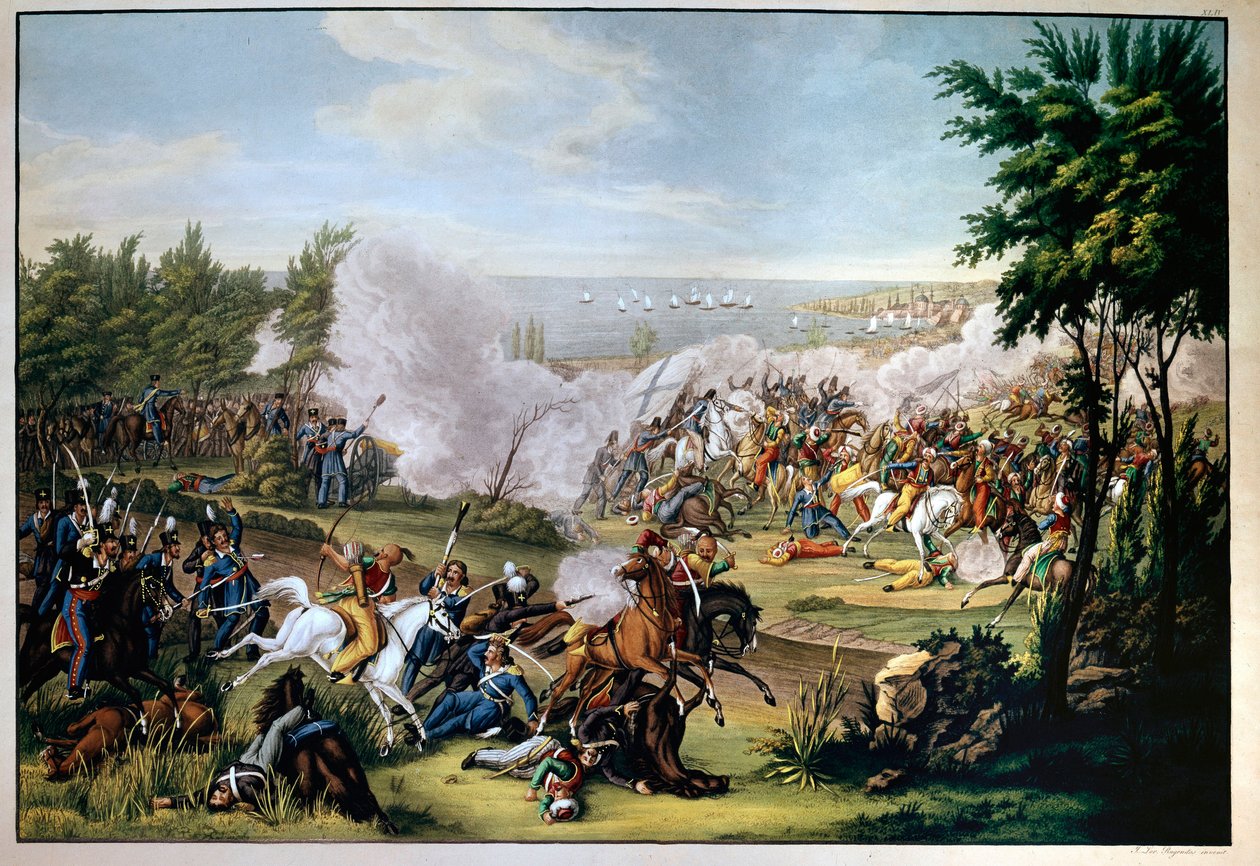 Bataille de Missolonghi, Grèce, en 1822, défendue par Botzaris, qui meurt dans le conflit contre les Turcs d