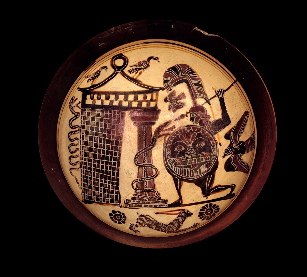Art grec : coupe laconienne avec figures noires représentant Cadmos combattant le dragon de Thèbes - Greek School