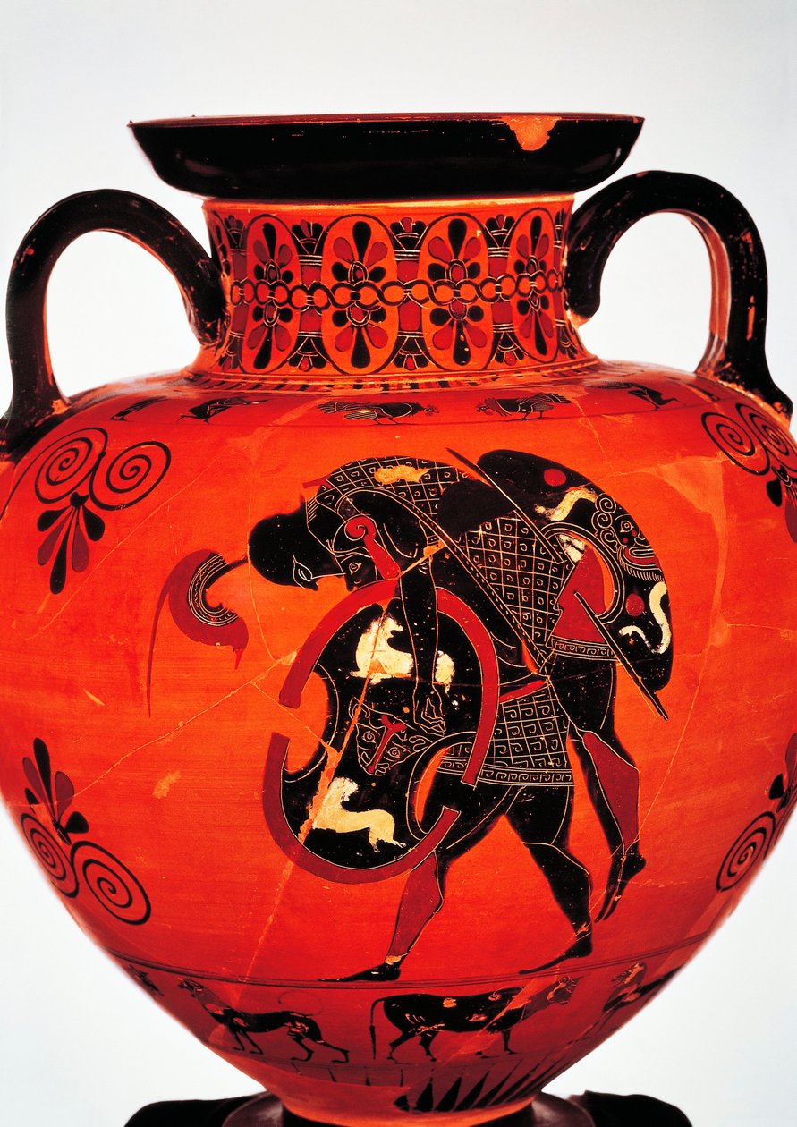 Civilisation grecque, VIe siècle av. J.-C. Poterie à figures noires. Amphore représentant Ajax portant le corps d