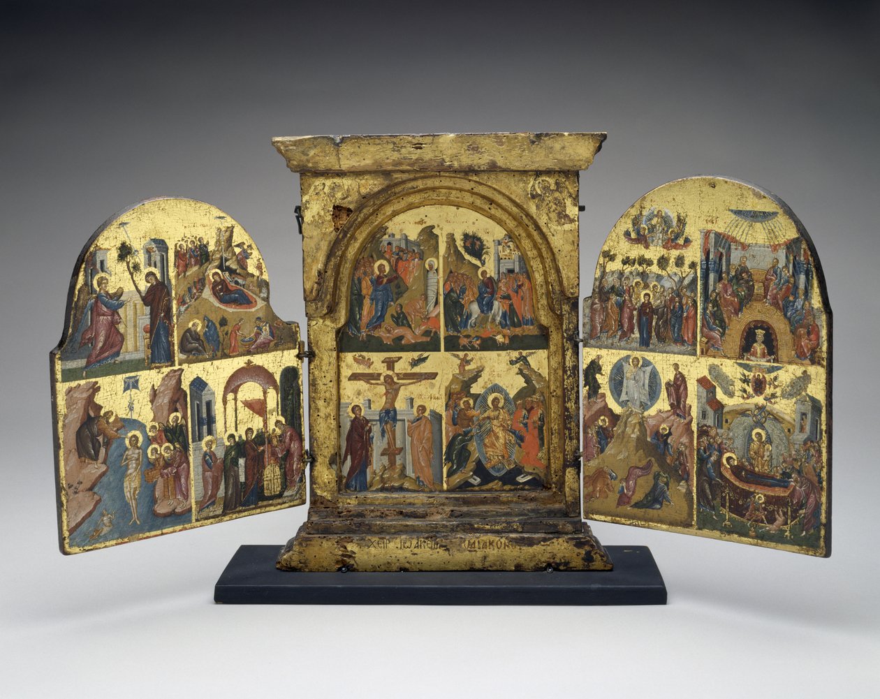 Résurrection de Lazare; Entrée à Jérusalem; Crucifixion; Descente du Christ aux Enfers (panneau central) - Greek School