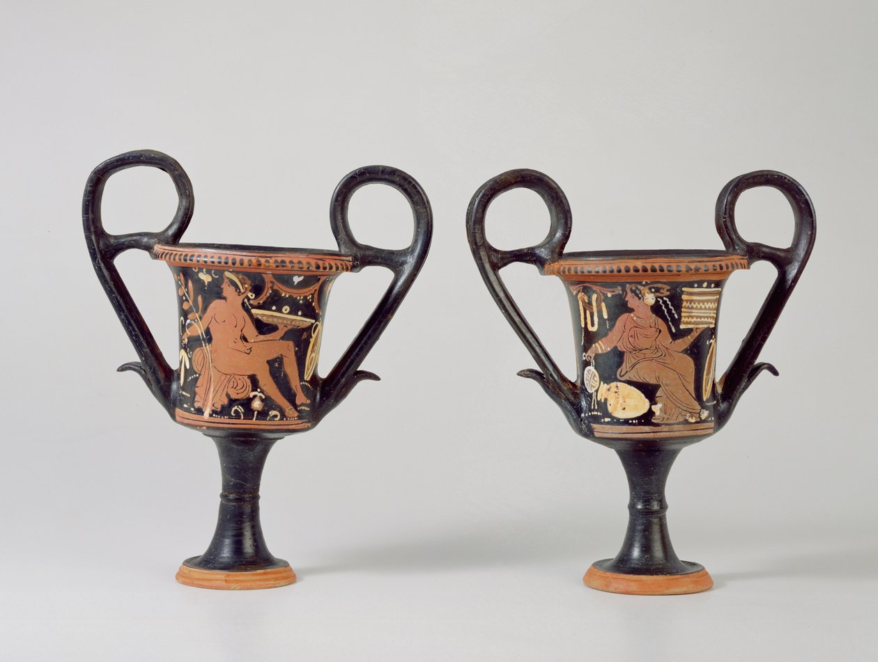 Kantharos à figures rouges représentant un jeune homme et kantharos représentant une femme, vers 310 av. J.-C. - Greek School