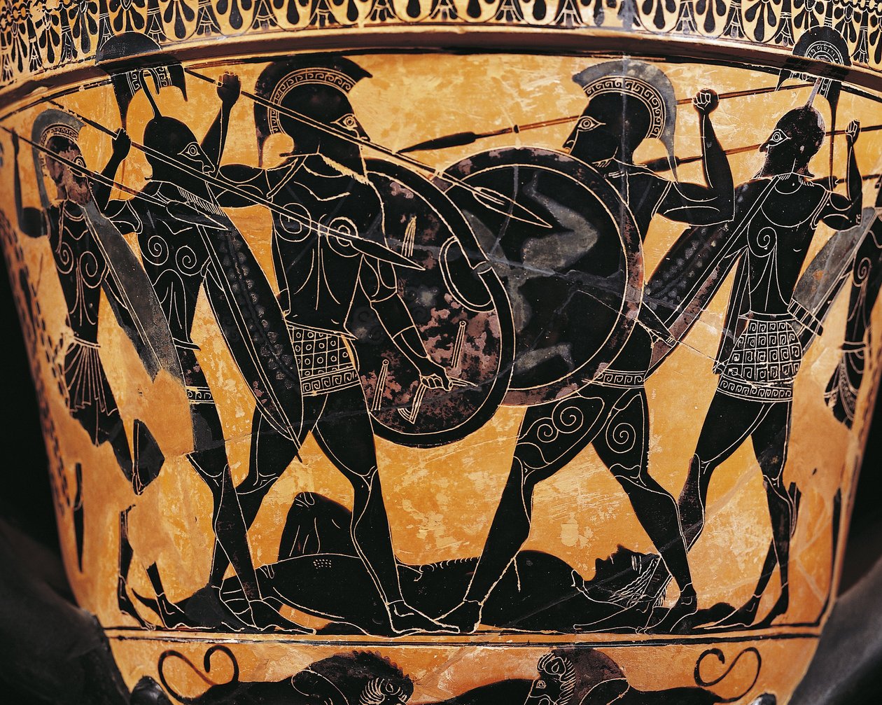 Civilisation grecque, poterie à figures noires, Cratère représentant la lutte pour le corps de Patrocle, de Farsala, Grèce - Greek School