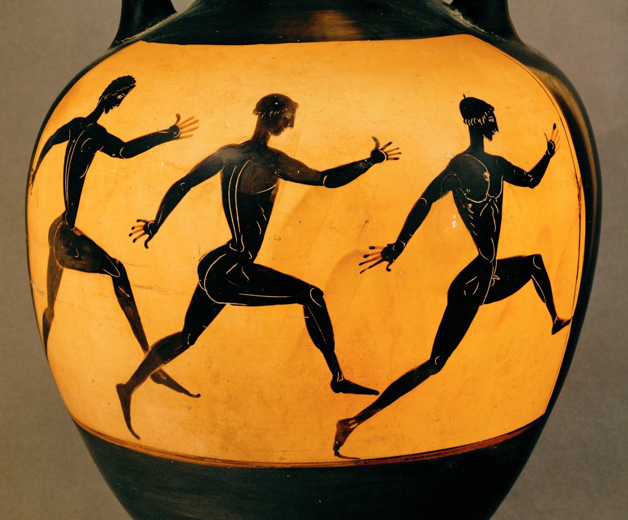 Trois participants à une course à pied aux Jeux panathénaïques, VIe siècle av. J.-C. (poterie) - Greek School