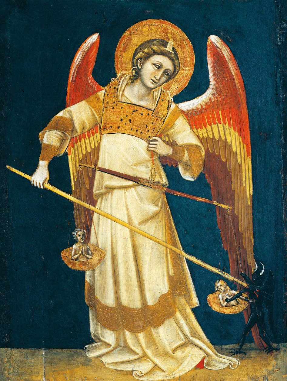 Archange Michel pesant les âmes, vers 1354, par Guariento, tempera sur panneau - Guariento di Arpo