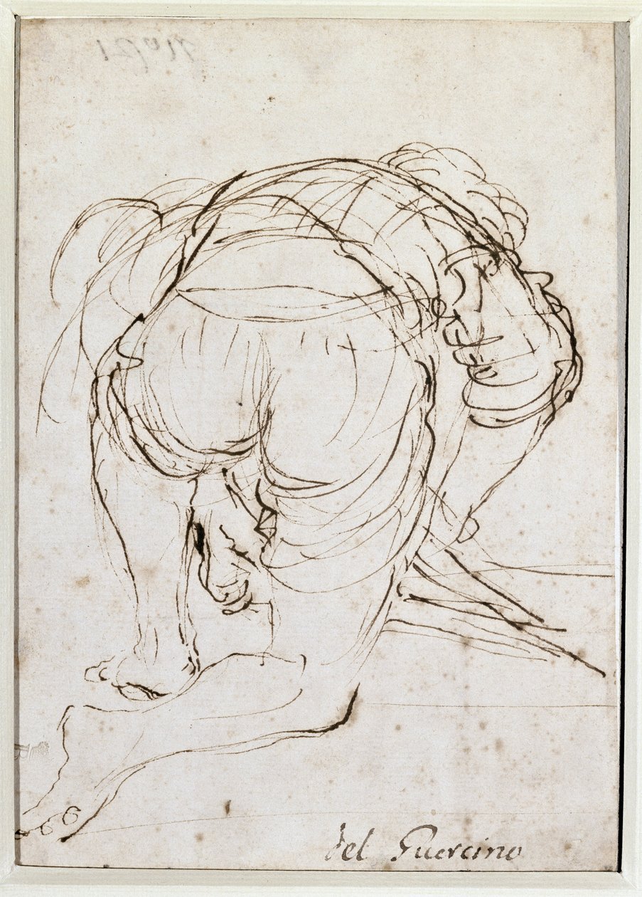 Homme agenouillé - Dessin au crayon - Guercino
