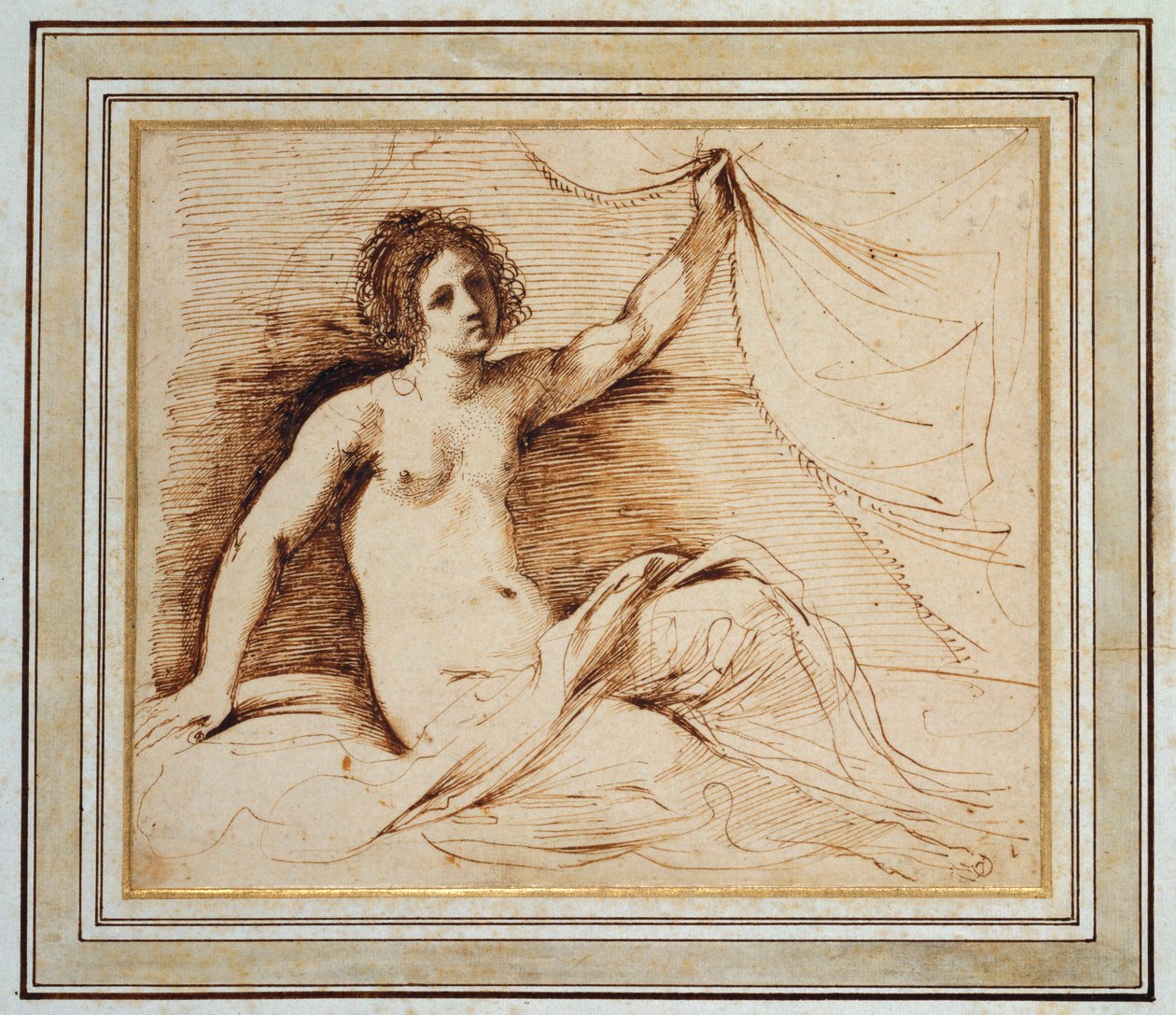 Une femme nue allongée soulevant un rideau - Guercino