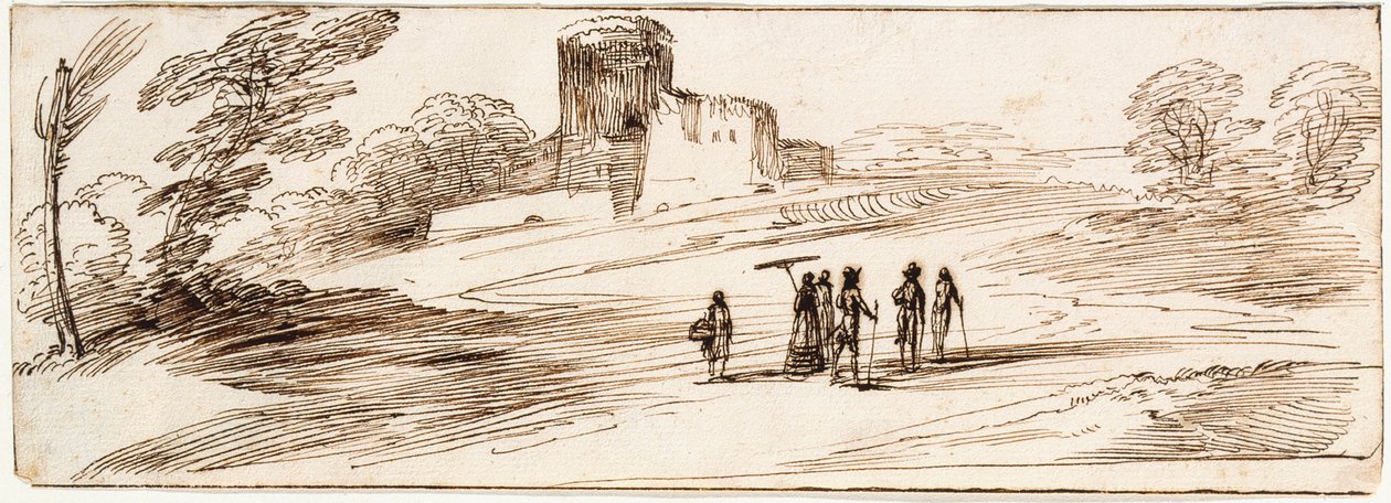 Paysage avec château et personnages - Guercino