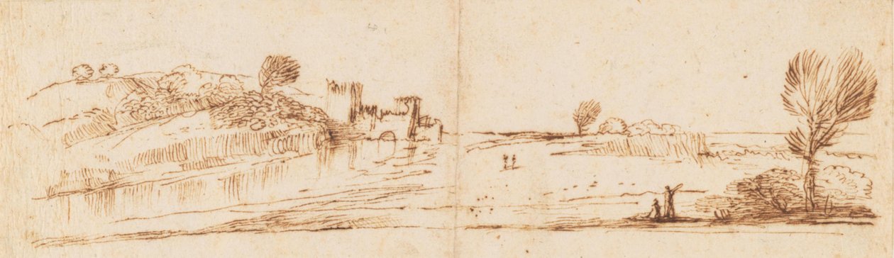Paysage panoramique avec une rivière - Guercino