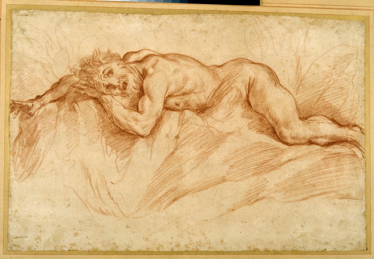 Un homme nu terrifié, allongé sur un sol rocheux - Guido Reni