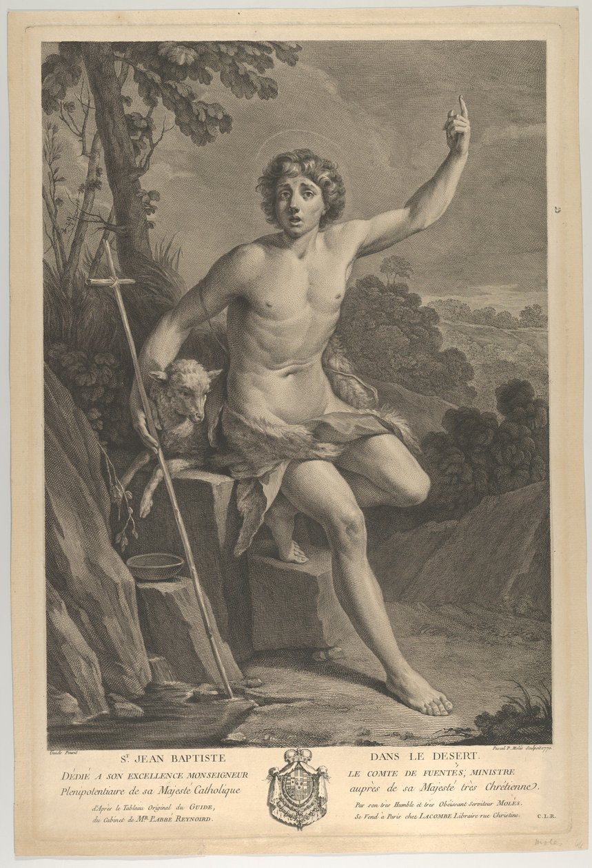 Saint Jean-Baptiste dans le désert, assis sur un rocher et pointant vers le haut avec sa main gauche, 1770 - Guido Reni