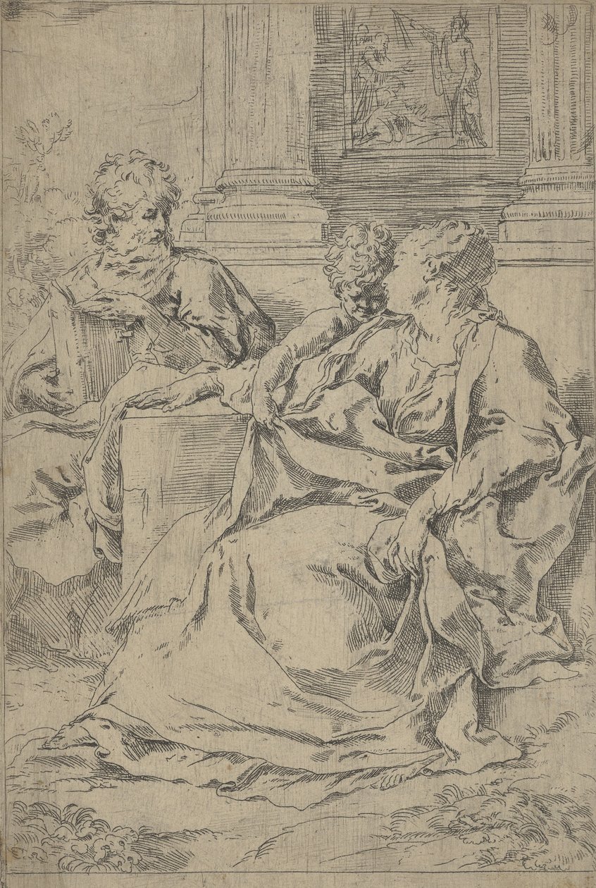 La Sainte Famille assise ensemble devant une colonnade, Saint Joseph lisant - Guido Reni