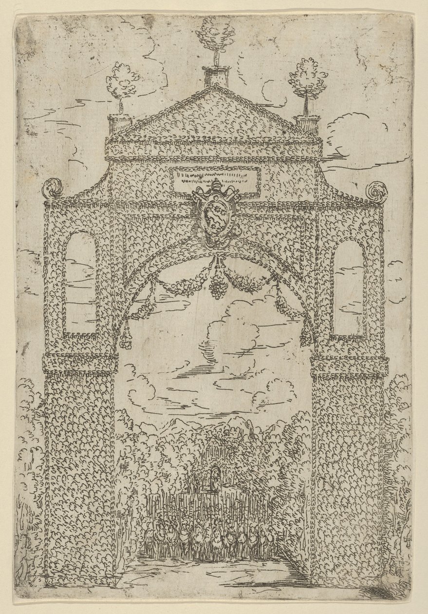 Arc de triomphe couvert de feuillage avec des troupes montées en dessous, une décoration temporaire pour, 1599 - Guido Reni