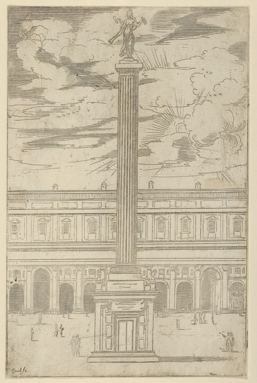 Colonne triomphale avec figure féminine de la Renommée tenant une trompette au sommet, une décoration temporaire, 1598 - Guido Reni