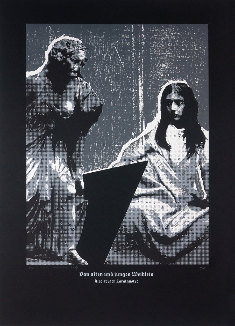 Sur les petites vieilles et les jeunes femmes, Ainsi parlait Zarathoustra, 2024 (gravure sur bois et sérigraphie) - Guilherme Pontes