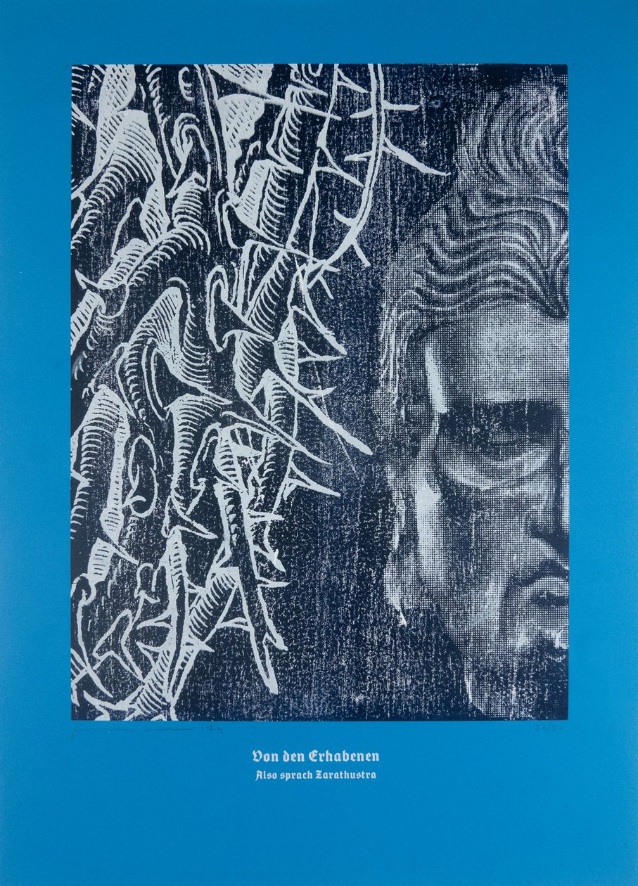Sur ceux qui sont sublimes, Ainsi parlait Zarathoustra, 2024 (gravure sur bois et sérigraphie) - Guilherme Pontes