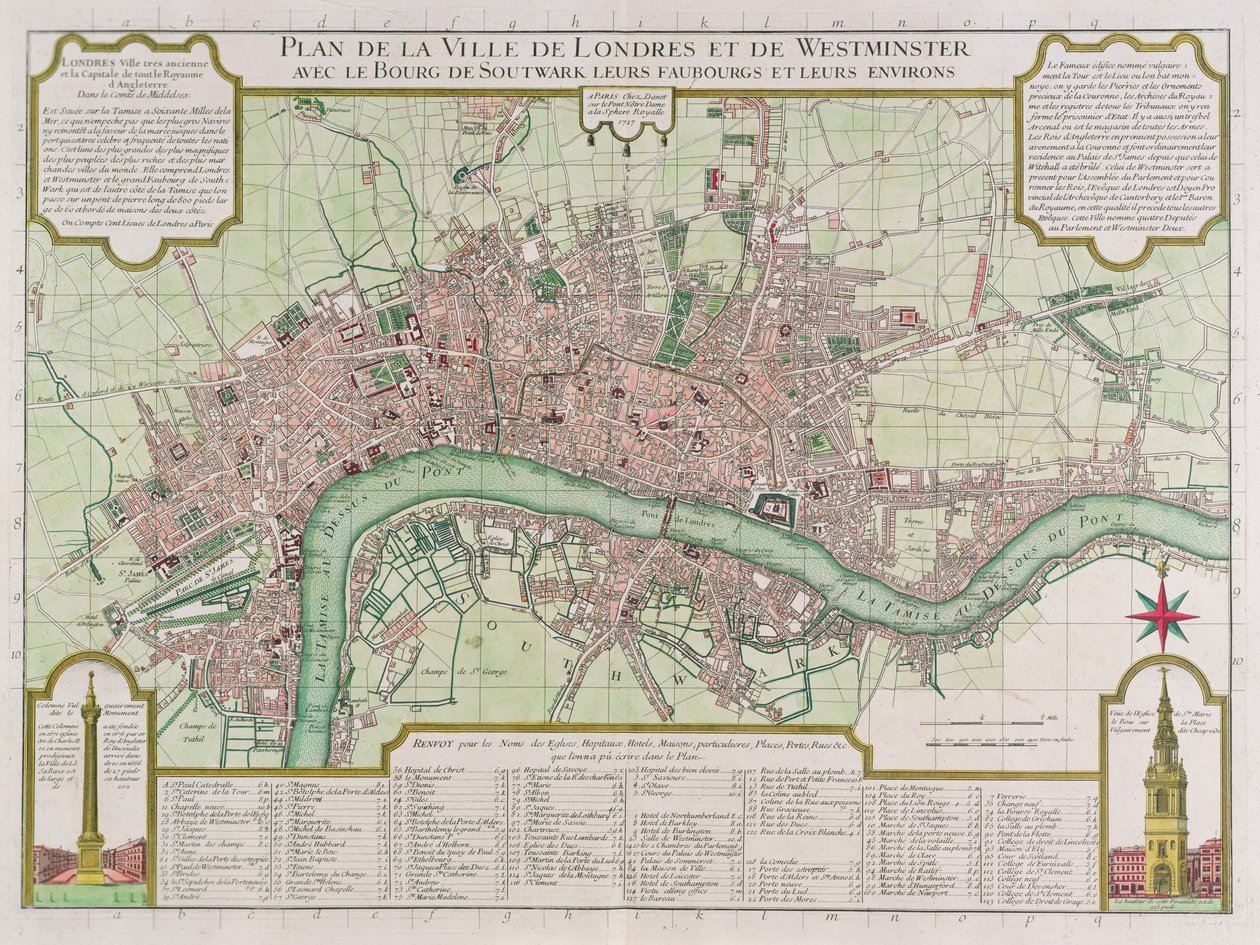 Plan des villes de Londres et de Westminster, 1727 (gravure en couleur) - Guillaume Danet