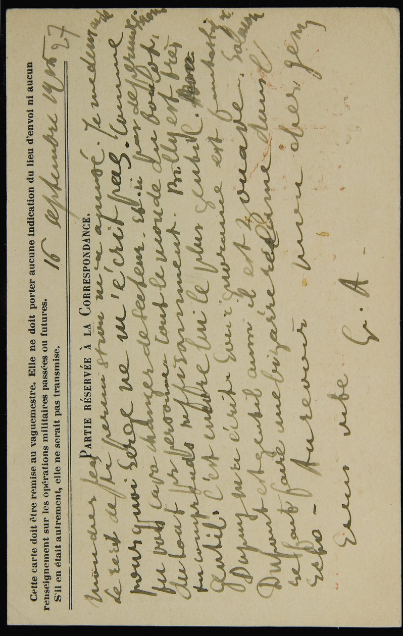 Carte postale autographe à Jean Mollet, datée du 16 septembre 1915 - Guillaume Apollinaire