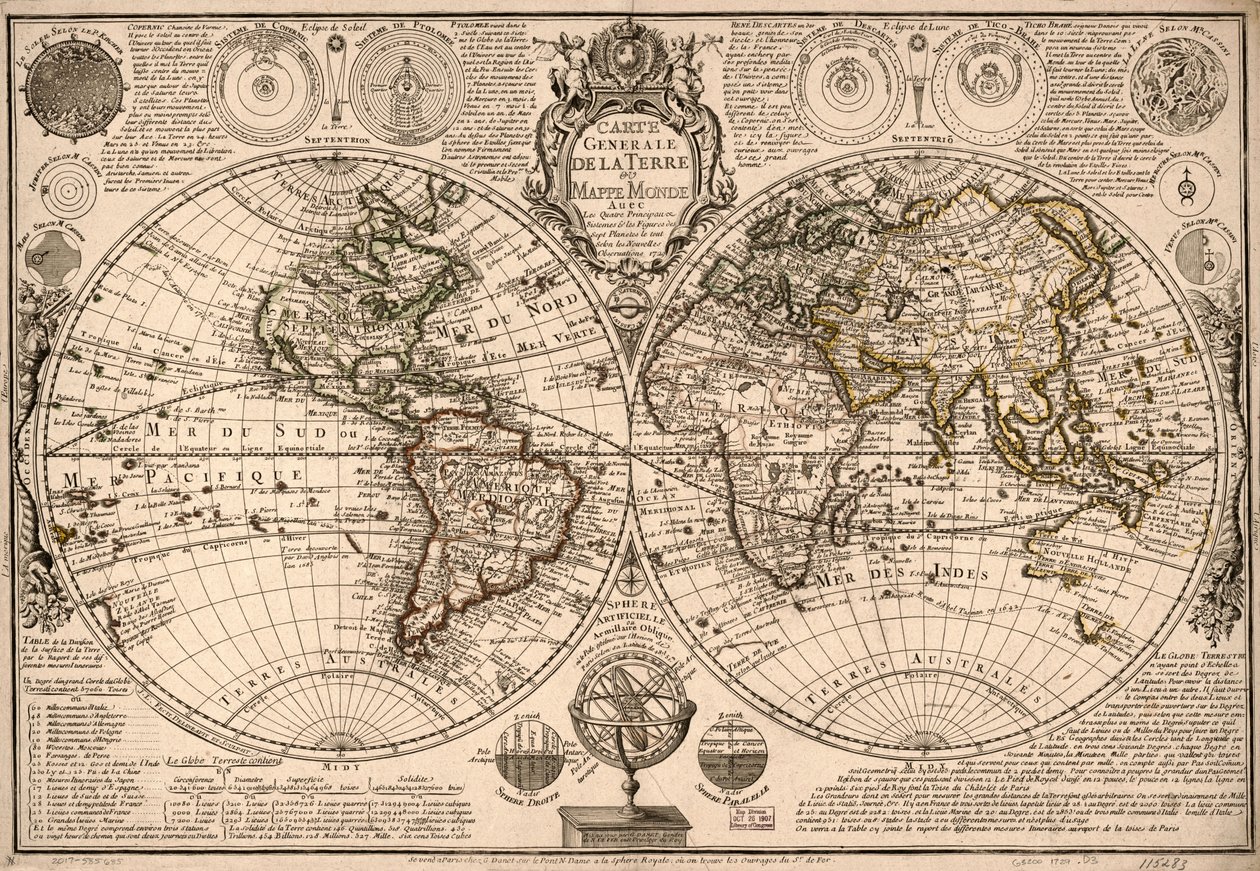 Carte generale de la terre - ou mappe monde auec les quatre principau  sistemes  les figures des sept planetes le tout selon les nouvelles obseruations. LOC 2017585685 - Guillaume Danet