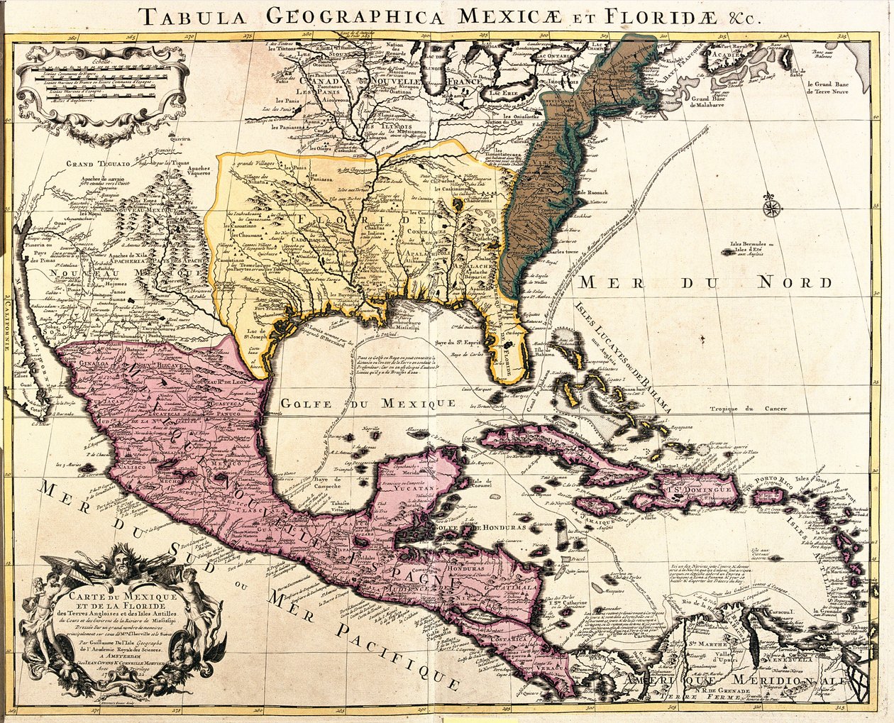 Carte du Mexique et de la Floride (USA) avec les îles des Caraïbes (Cuba, Haïti, Jamaïque, Antilles) (gravure) - Guillaume Delisle