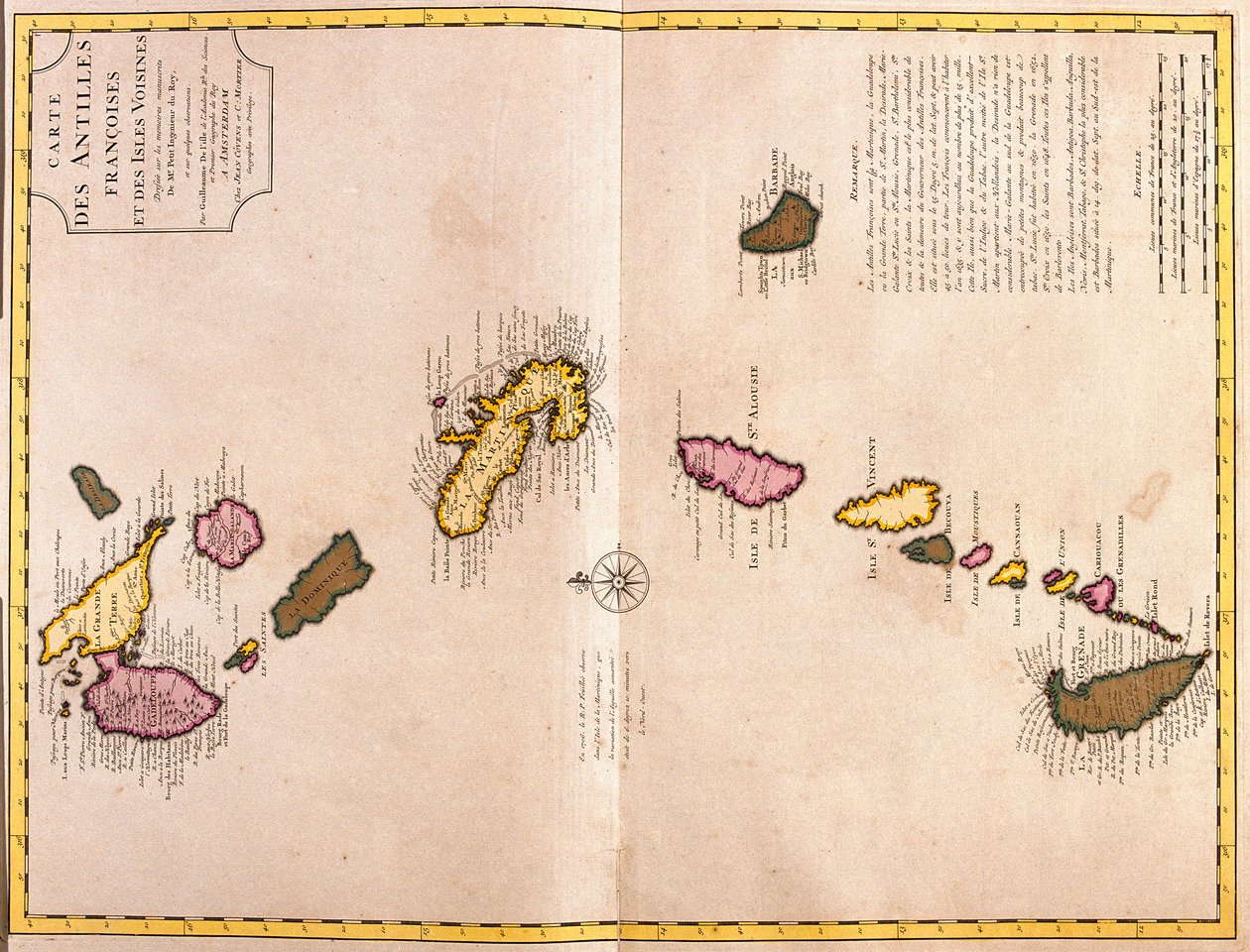 Cartes des îles des Caraïbes (Guadeloupe, Marie Galante, Dominique, Martinique, Sainte-Lucie, Saint-Vincent, Barbade, Grenadines et Grenade) - Guillaume Delisle