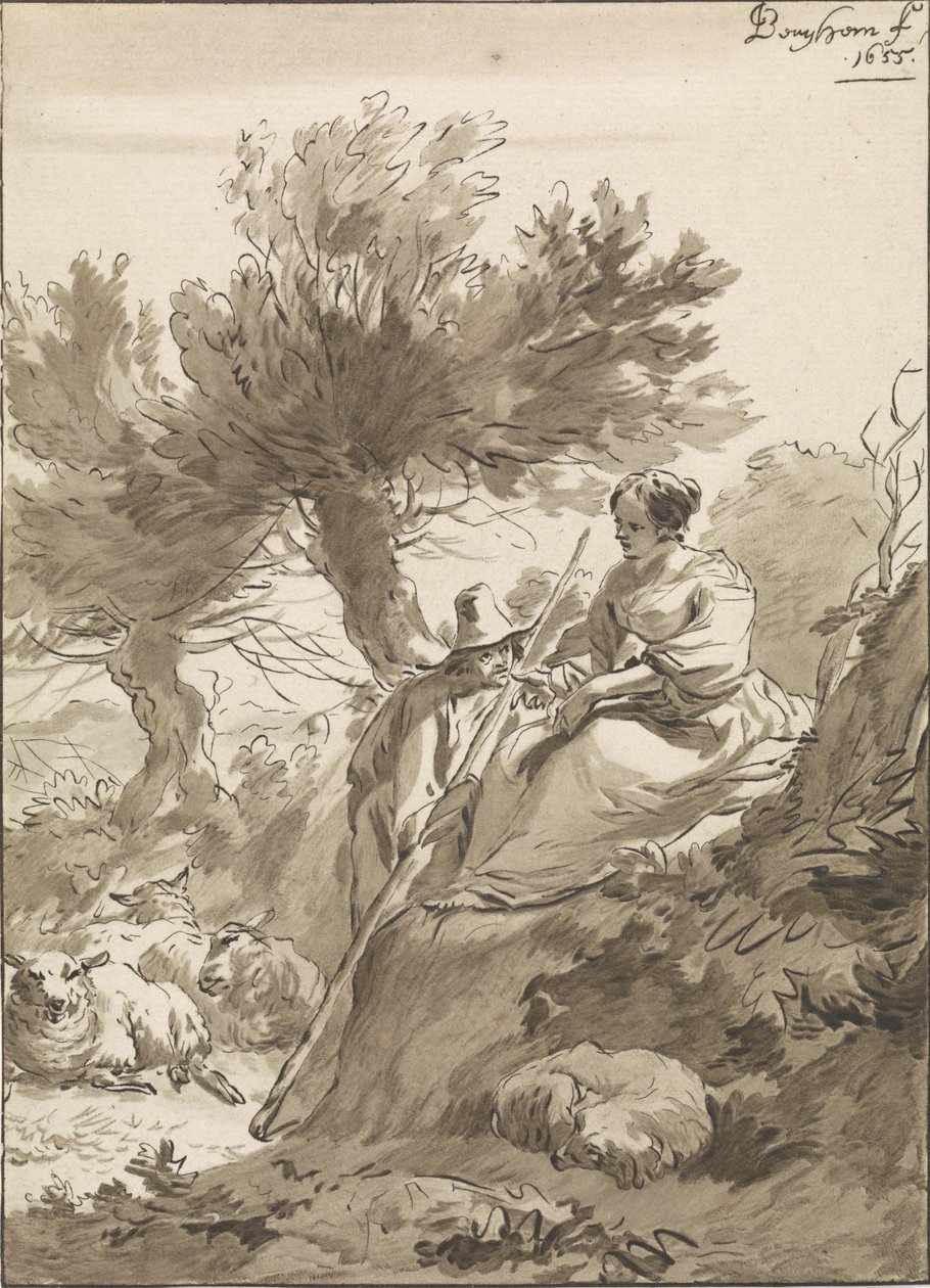 Paysage avec berger et bergère et leurs moutons - Guillaume Saint