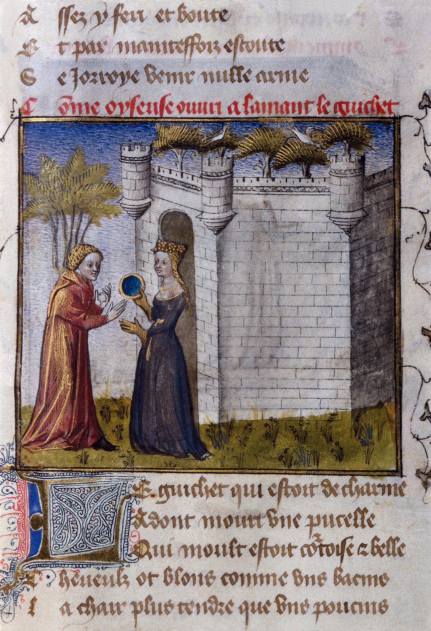 Scène galante entre deux amoureux : la fille invite son amant à entrer. Miniature du "Roman de la Rose" de Guillaume de Lorris - Guillaume de Lorris