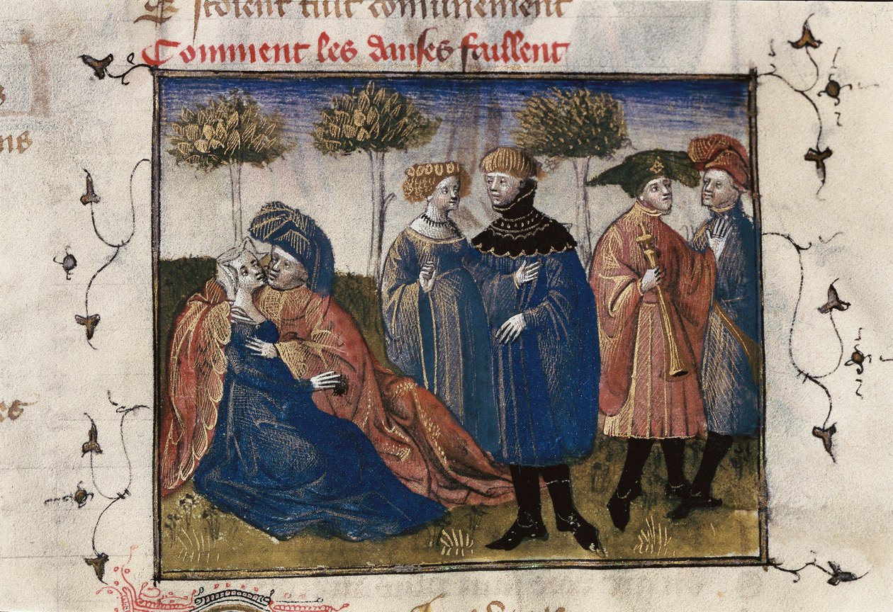 Scène galante de courtisans, miniature dans "Roman de la Rose" de Guillaume Lorris - Guillaume de Lorris