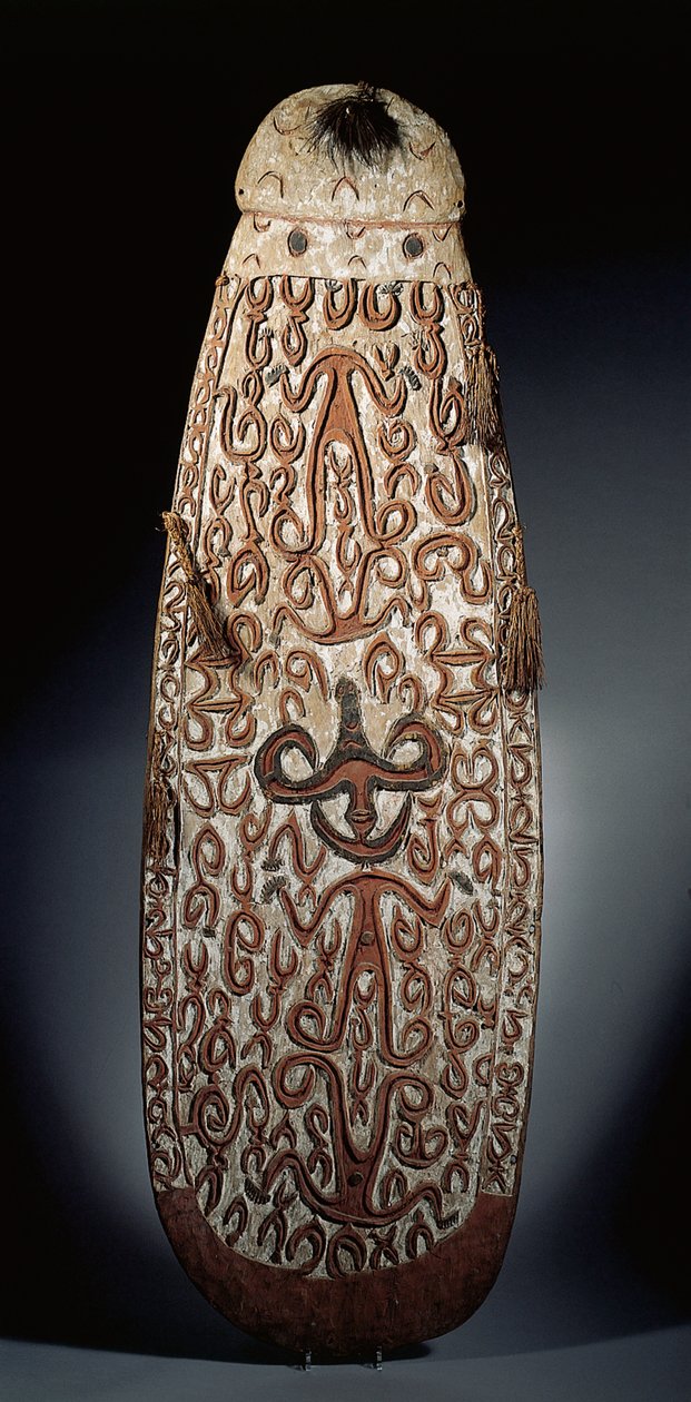 Bouclier Asmat ovale, sculpté en relief avec des ornements en volutes incorporant des figures hautement stylisées, franges tressées à la bordure - Guinean New