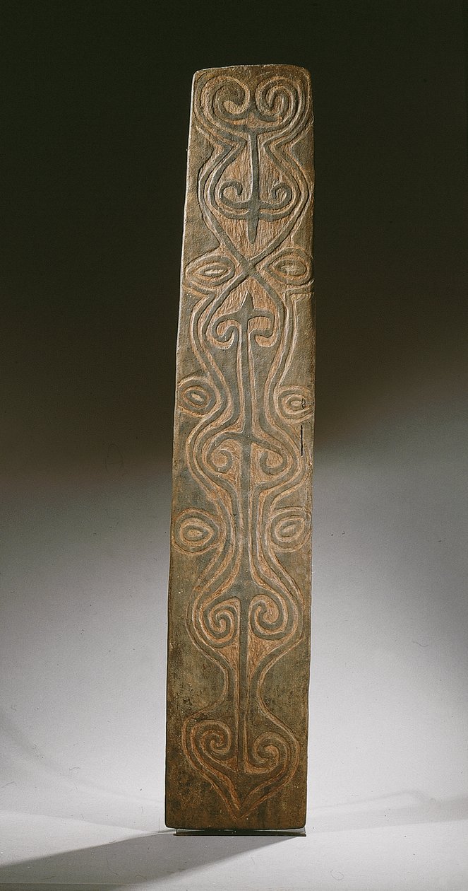 Bouclier rectangulaire de Nouvelle-Guinée, décoré de volutes sculptées en relief, le dos avec six tenons sculptés pour tenir des boucles en rotin, rivière April - Guinean New