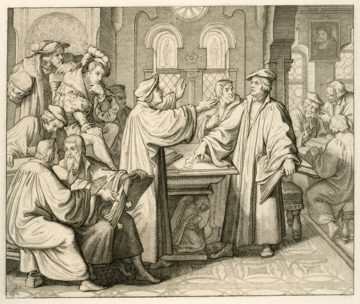 Luther et Ulrich Zwingli (1494-1531) discutant du sacrement sans parvenir à un accord, à Marburg en 1529 - Gustav Ferdinand Leopold Konig