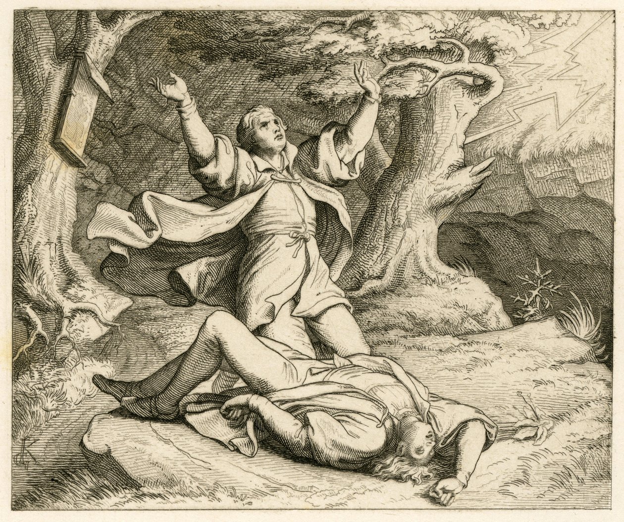 Martin Luther et son ami Alexis (peut-être était-ce son nom) se promenaient et il y eut un orage. Alexis fut frappé par la foudre et il mourut - Gustav Ferdinand Leopold Konig