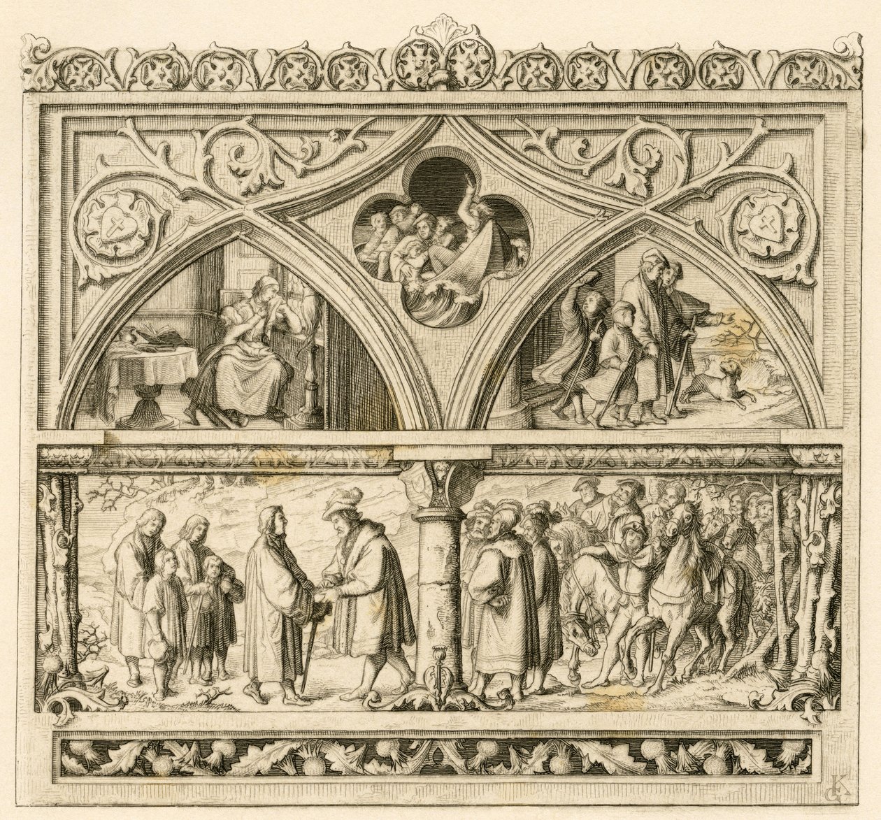 Le voyage de Martin Luther chez le comte Mansfeld (Hoyer VI de Mansfeld-Vorderort (1477-1540) ; image en haut à gauche : la triste Katharina, au milieu : la rivière en rage Saale, à droite : Luther avec ses fils. image en bas : Luther et le comte - Gustav Ferdinand Leopold Konig