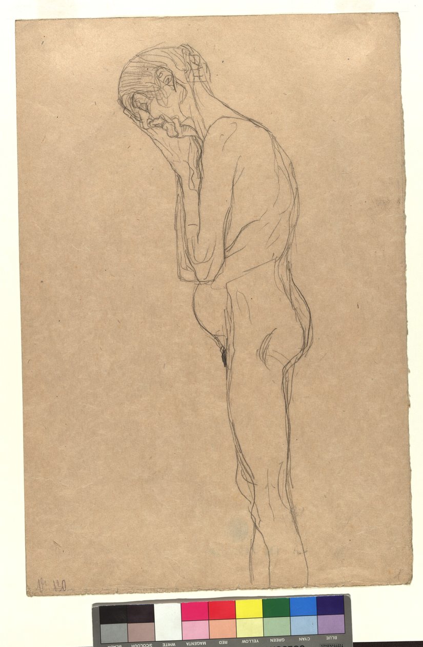 Aktdarstellung einer alten Frau im Profil nach links, den Kopf an die gefalteten Hände gelegt - Gustav Klimt