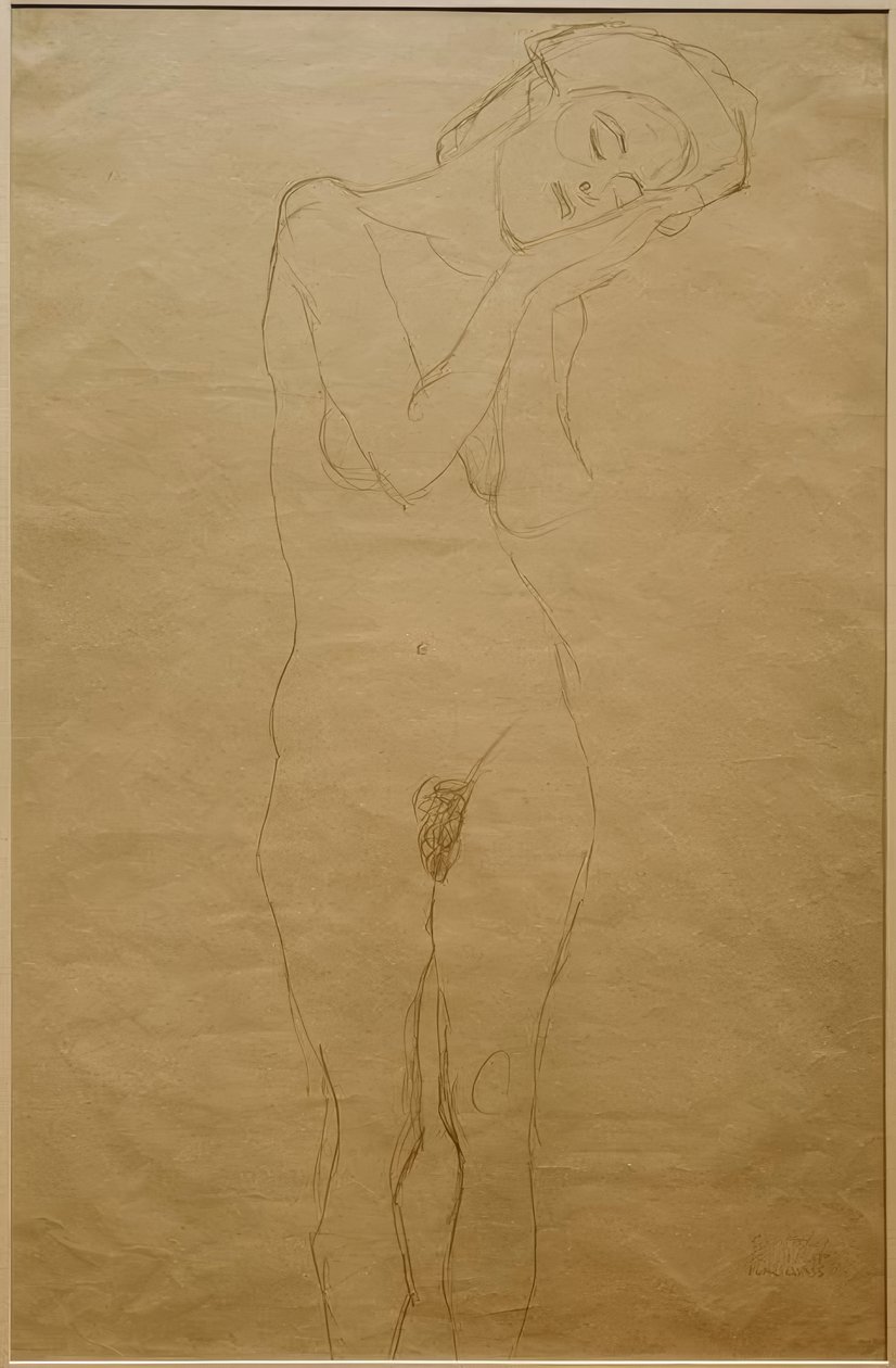 Nu féminin de face, mains sur la joue - Gustav Klimt