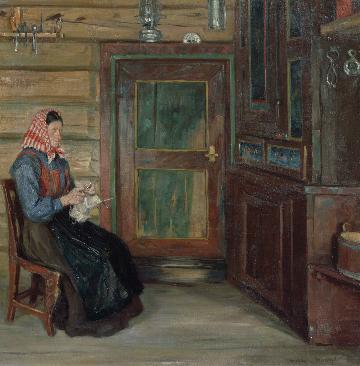 Intérieur de ferme avec femme tricotant - Gustav Wentzel