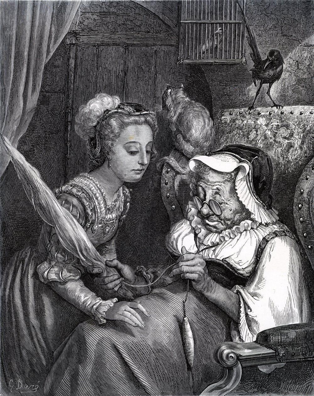 La Belle au bois dormant : La princesse et la fée spite dans la tour - Gustave Dore