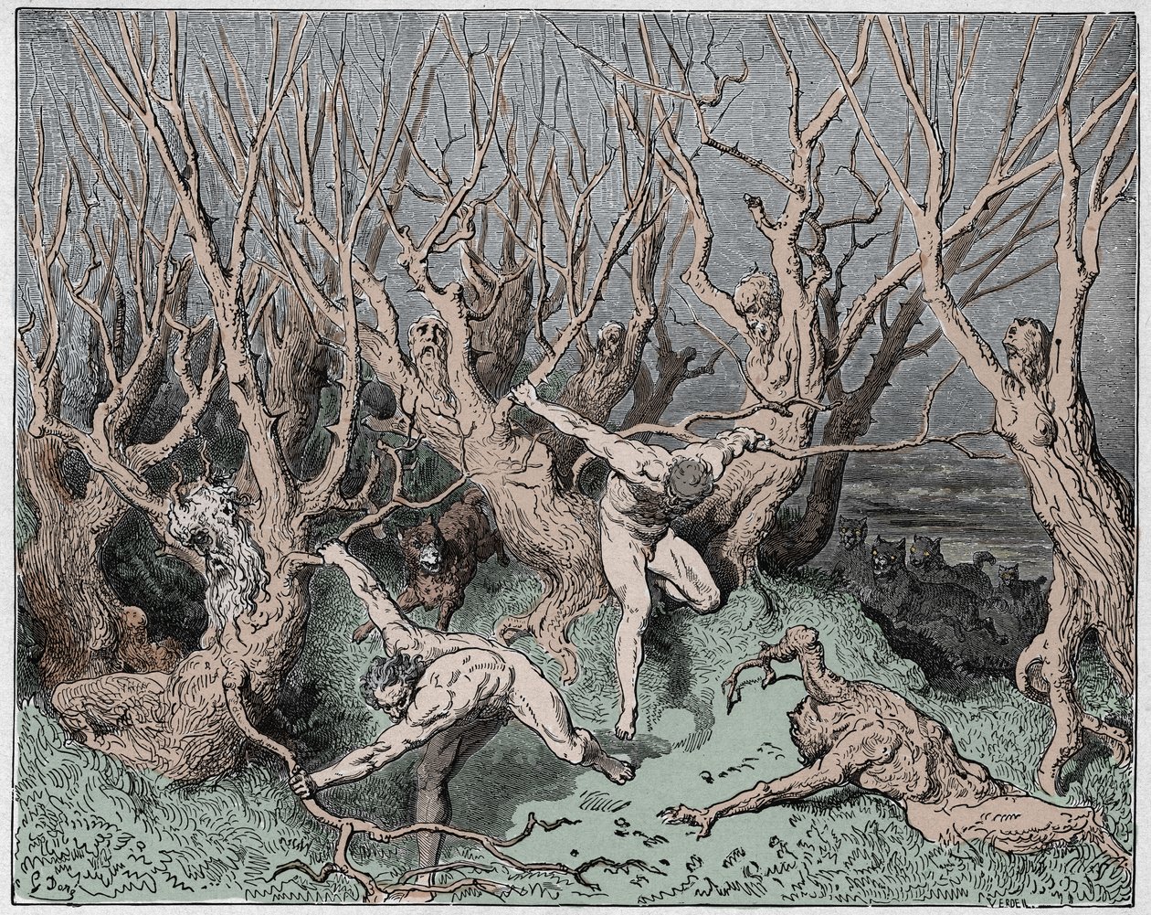 Inferno, Chant 13 : Les suicidés fuient la forêt, illustration de La Divine Comédie de Dante Alighieri, 1885 - Gustave after Dore